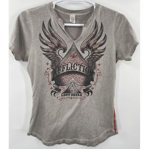 Affliction Women's Lost Souls Gray T Shirt Spade Back‎ Design Vented